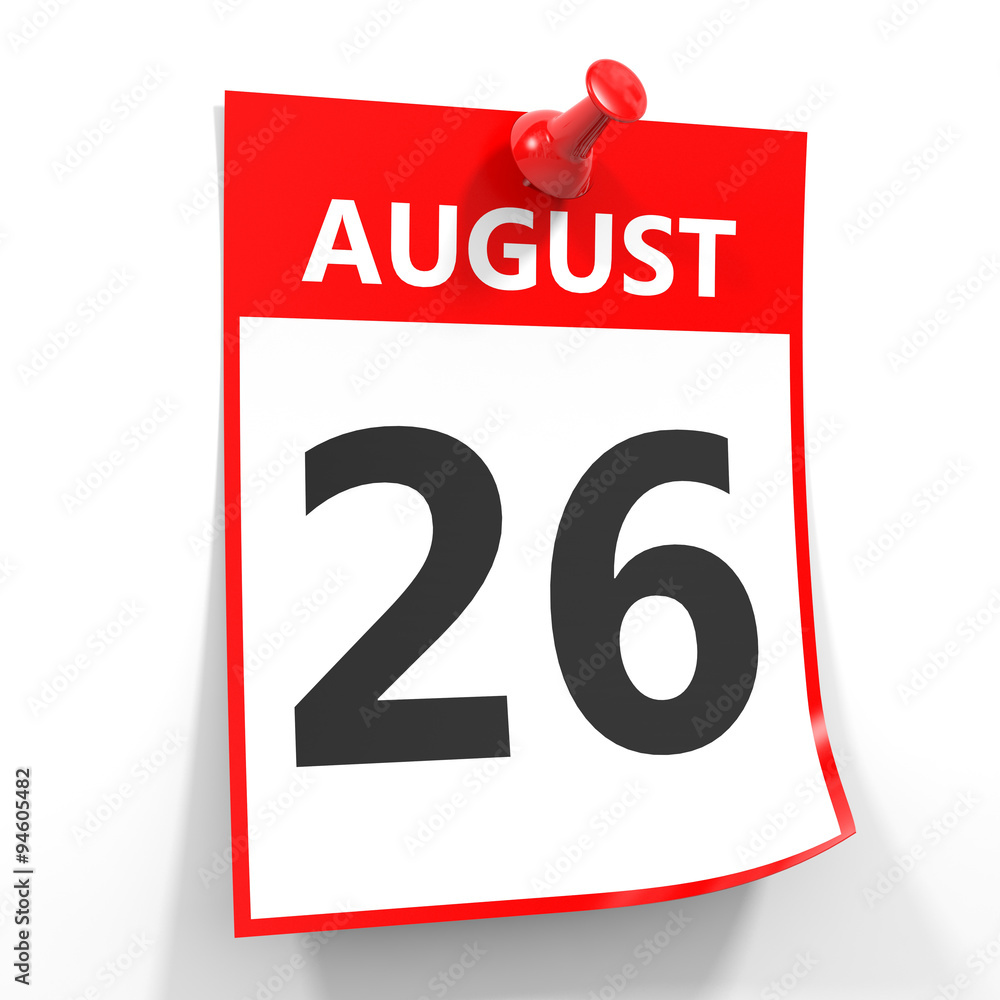 26 august calendar sheet with red pin. 26 august calendar sheet with red pin.