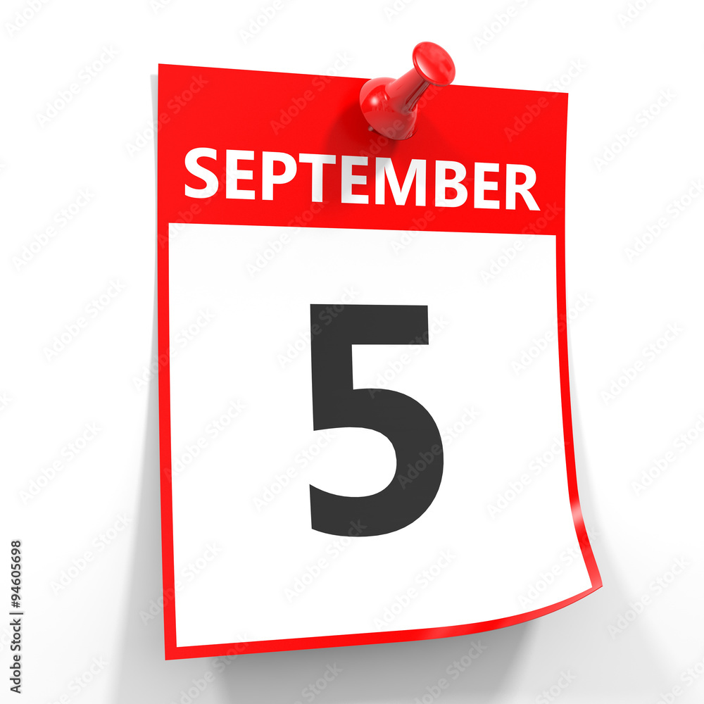5 september calendar sheet with red pin. 5 september calendar sheet with red pin.