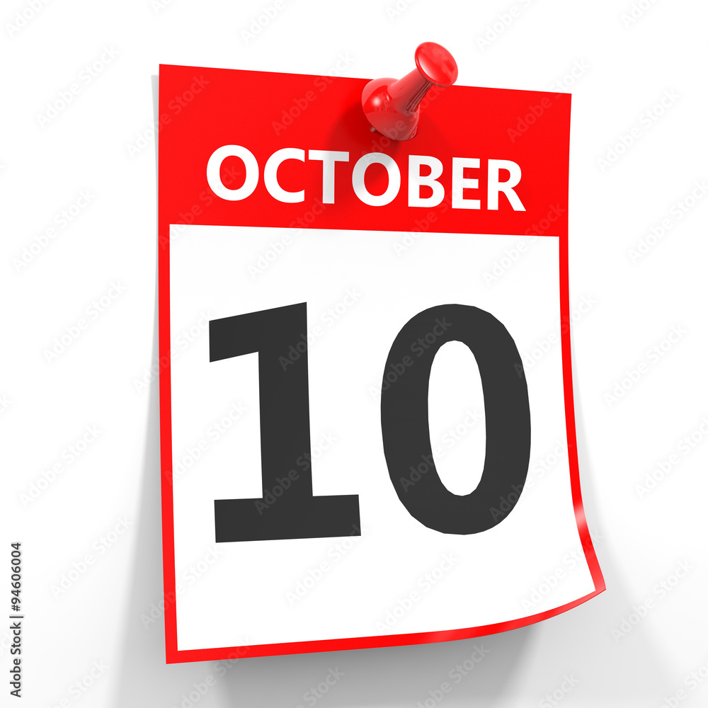 10 october calendar sheet with red pin. 10 october calendar sheet with red pin.