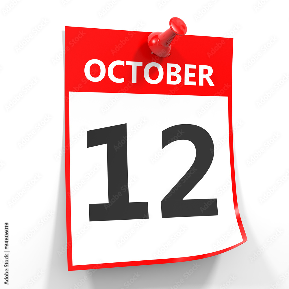 12 october calendar sheet with red pin. 12 october calendar sheet with red pin.