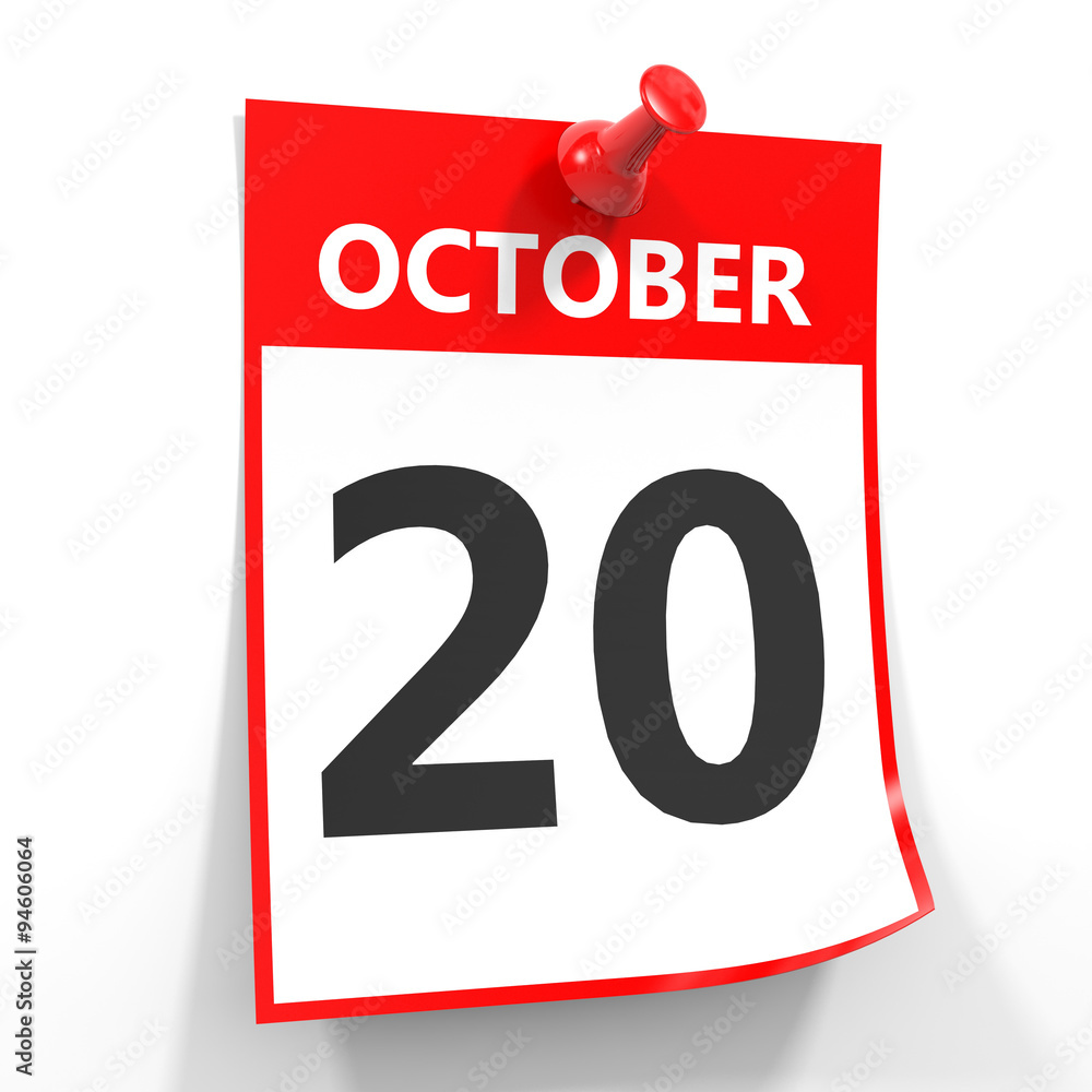 20 october calendar sheet with red pin. 20 october calendar sheet with red pin.