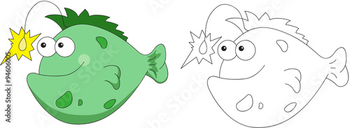 Funny and friendly cartoon fish angler. Coloring book
