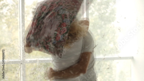Pillow fight, feathers