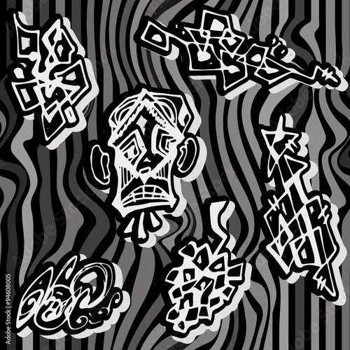 Crazy seamless texture with hand drawn abstract liner shapes and stylized face. Black fnd white.