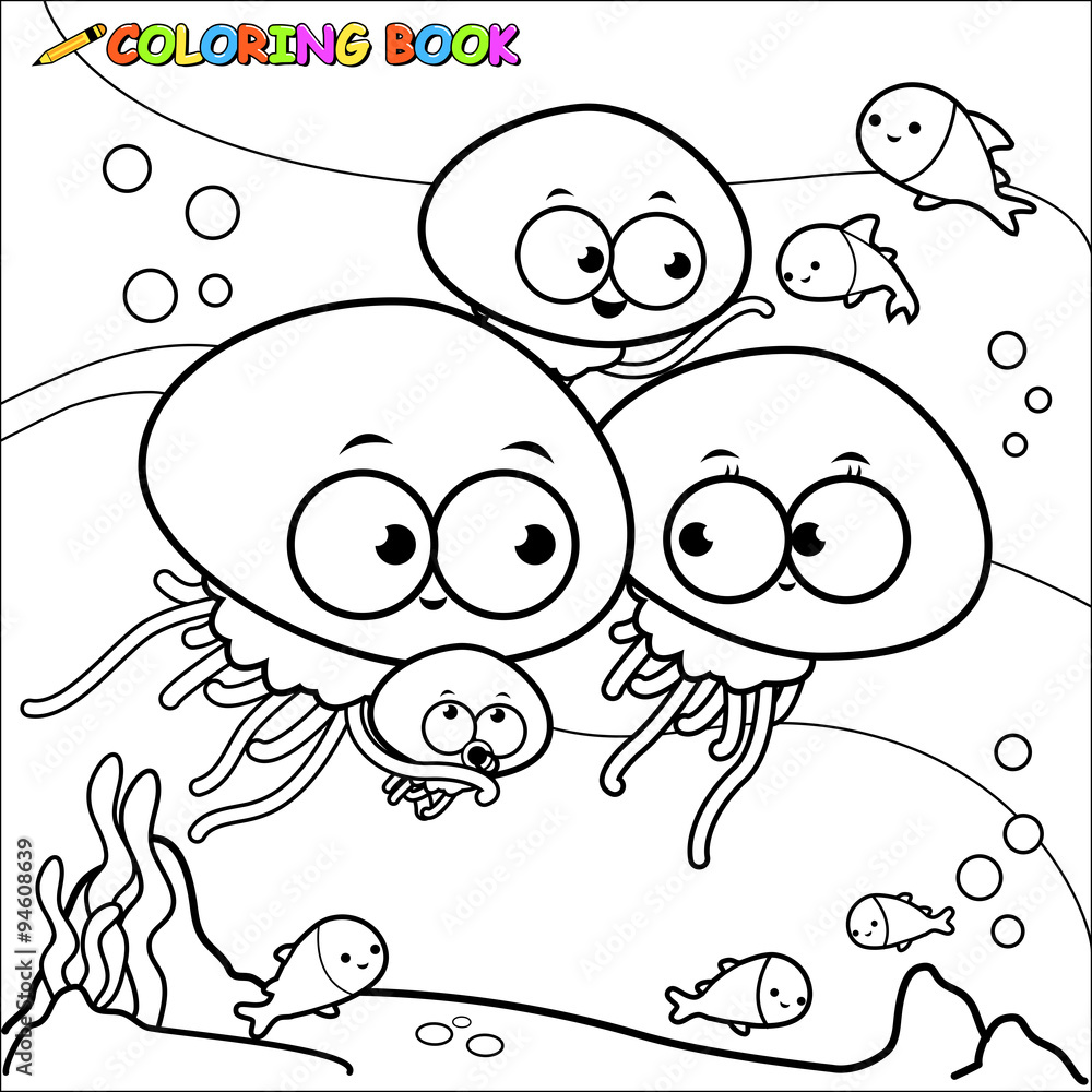 Cartoon jellyfish swimming underwater. Vector black and white coloring page Cartoon jellyfish swimming underwater. Vector black and white coloring page