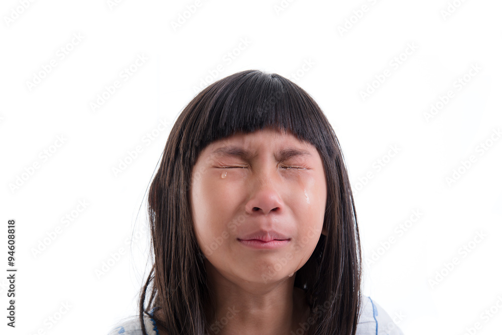 Close up Asian girl in pajamas crying on white. Close up Asian girl in pajamas crying on white.