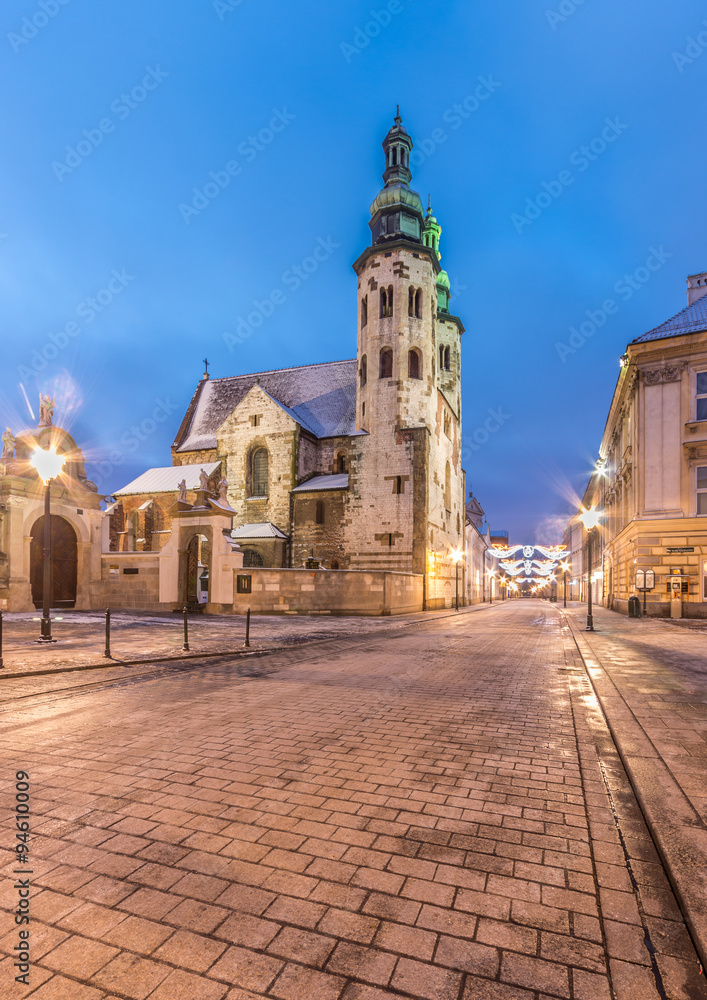 Krakow, Poland, romanesque church of Saint Andrew on Mary Magdalene square in blue hour, winter morning.