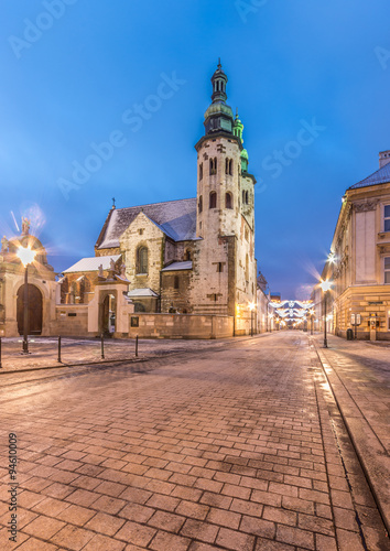 Krakow, Poland, romanesque church of Saint Andrew on Mary Magdalene square in blue hour, winter morning.