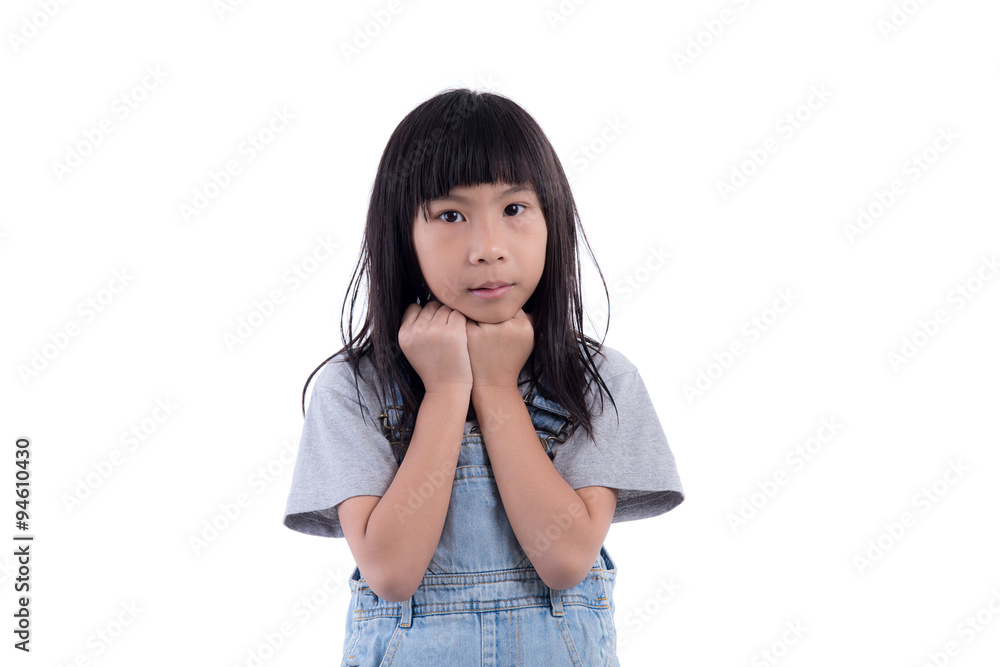 Asian girl in jeans apron on the white background