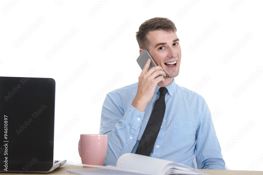 Young businessman working in office and talking mobile phone, is Young businessman working in office and talking mobile phone, is