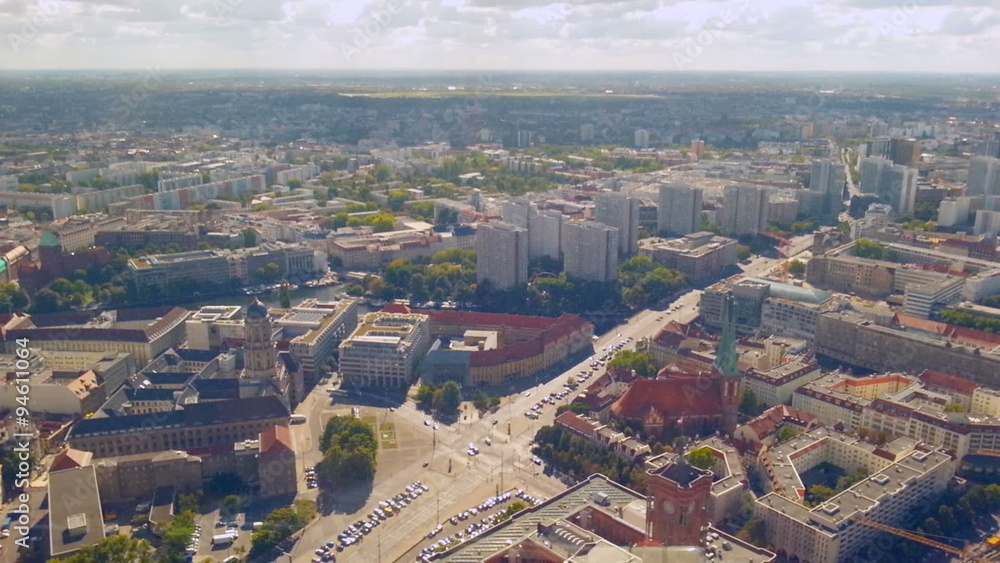 Aerial view of busy street intersection in Berlin. Cars stop at traffic lights Aerial view of busy street intersection in Berlin. Cars stop at traffic lights