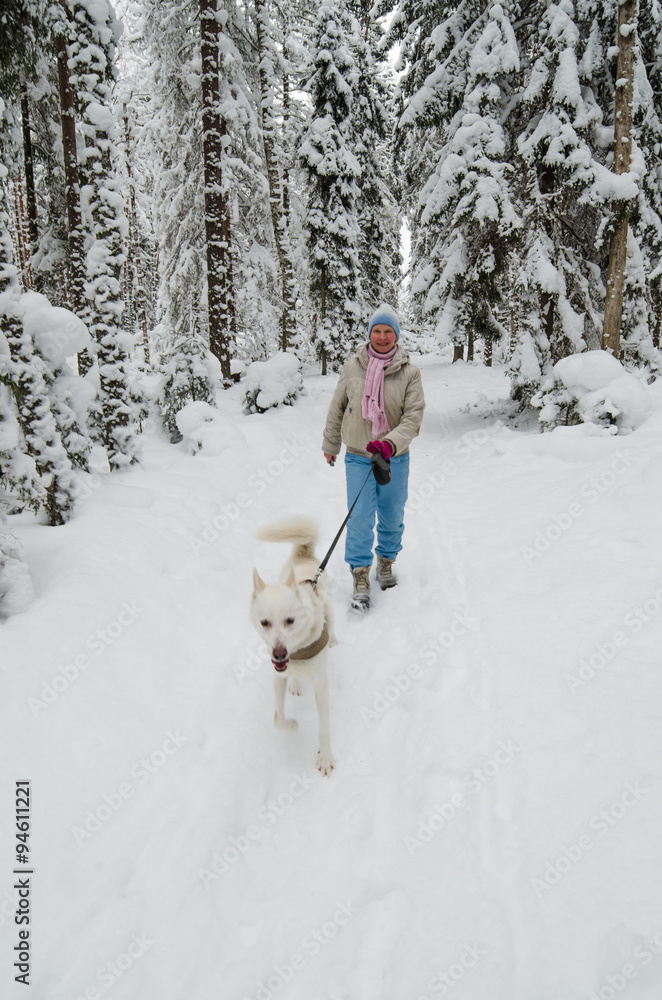 The woman with a dog on walk in a winter wood The woman with a dog on walk in a winter wood