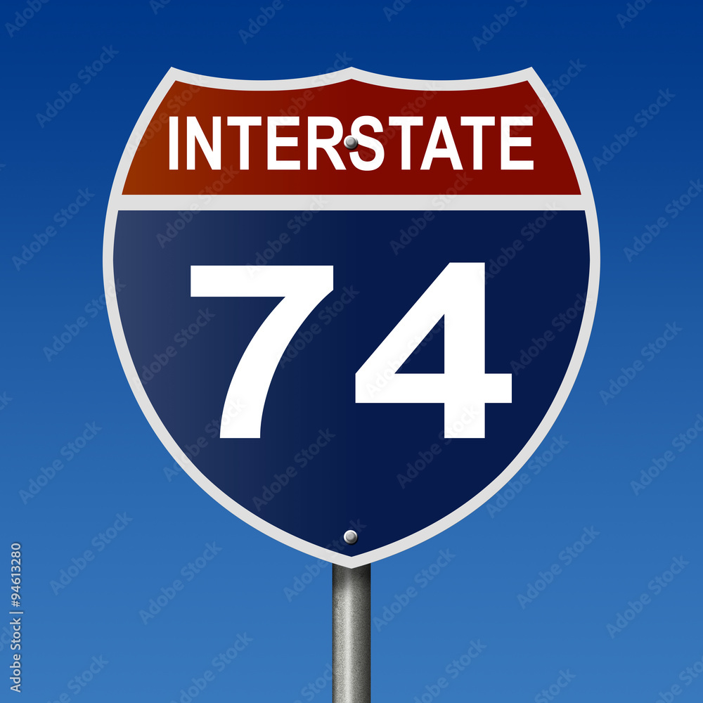 Sign for Interstate 74, part of the National Highway System, which travels between Iowa and South Carolina Sign for Interstate 74, part of the National Highway System, which travels between Iowa and South Carolina
