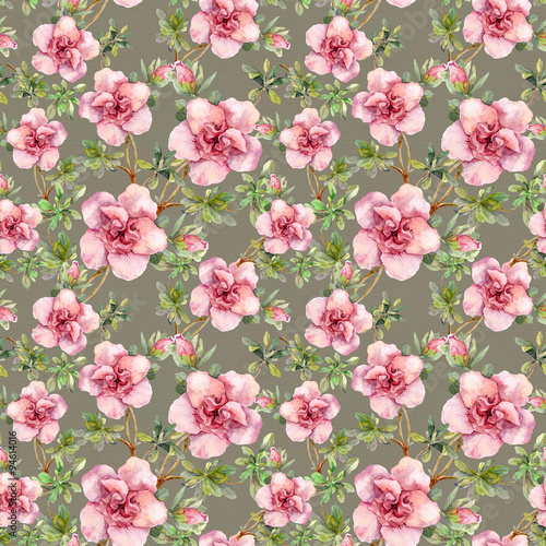 Pink flowers. Seamless tiled floral wallpaper. Watercolor design on gray background 