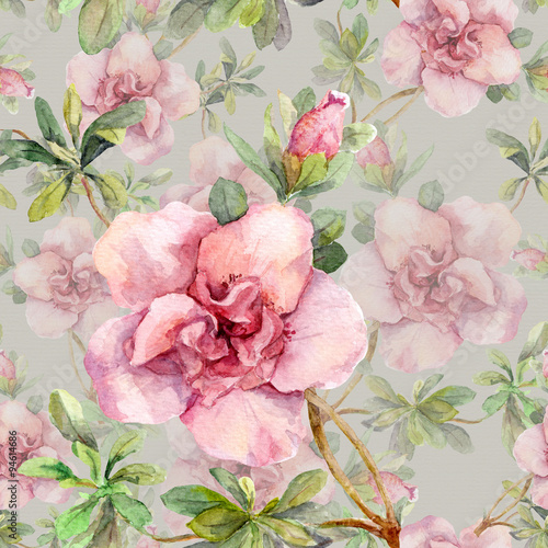 Pink flowers - floral aquarelle pattern. Watercolour hand design on gray background 