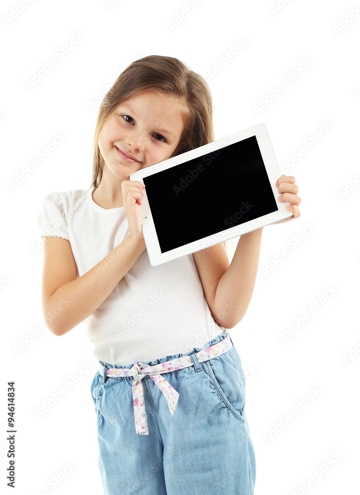 Beautiful little girl with digital tablet, isolated on white Beautiful little girl with digital tablet, isolated on white