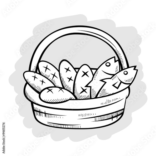 Five Bread And Two Fish in A Basket Line Art