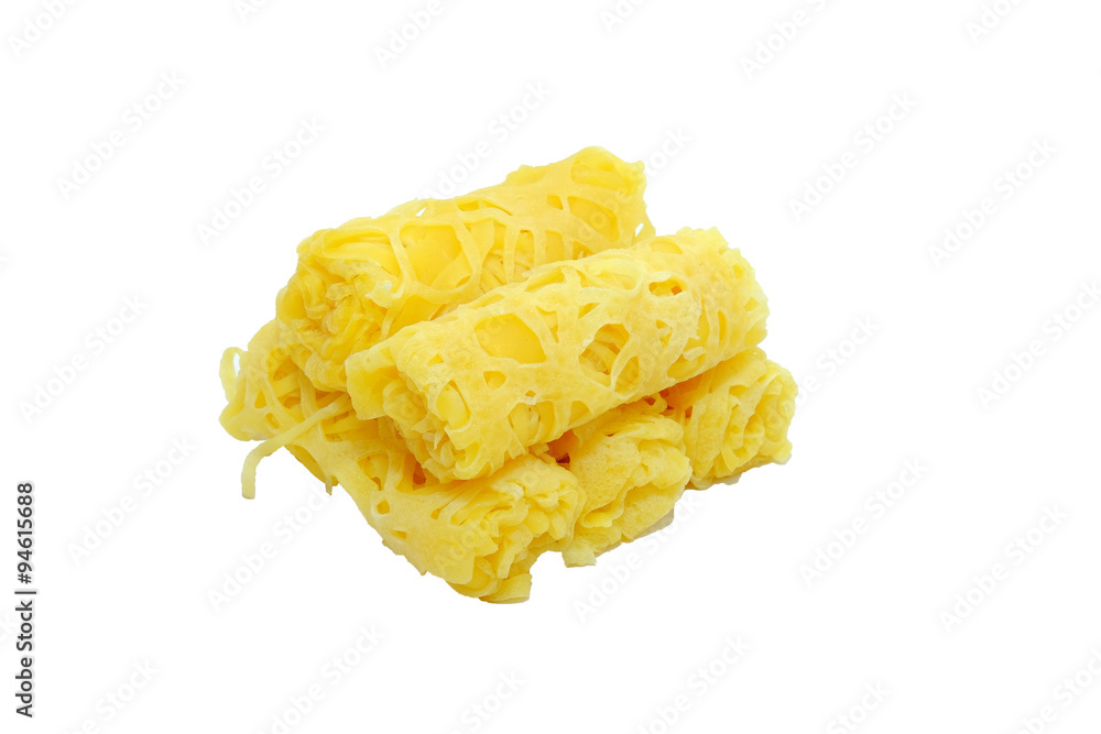 Malaysian dish Net Pancake or locally known as Roti Jala on white plate ...
