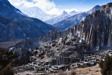 Handdoek met foto Nepal Bergdorp Braga op Annapurna route  © Song_about_summer