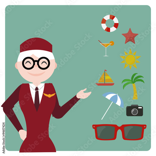 flight attendant illustration over color bakcground