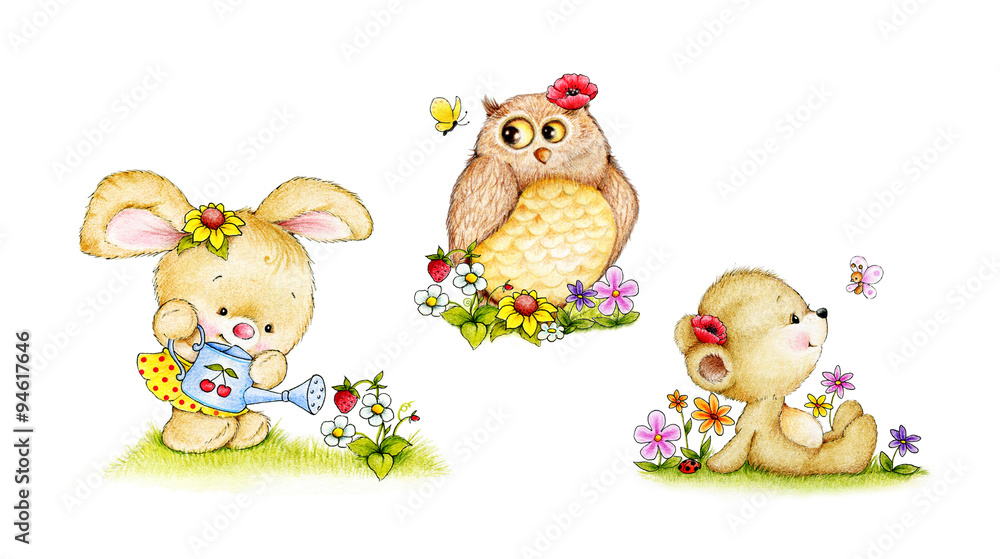 Obraz premium Bunny, Teddy bear and Owl in the garden