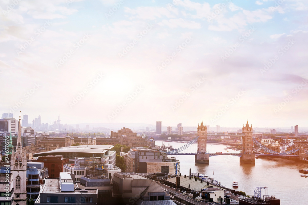 panoramic view of London, sunrise over Tower Bridge