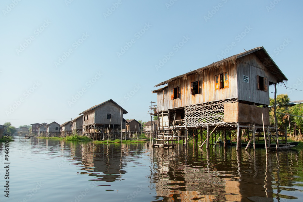 Floating village houses in Inle Lake, Myanmar Floating village houses in Inle Lake, Myanmar
