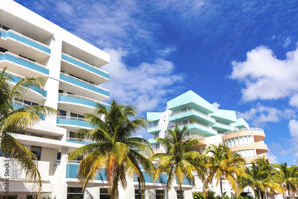 White and blue buildings in Ocean Drive. Miami Beach, Florida
