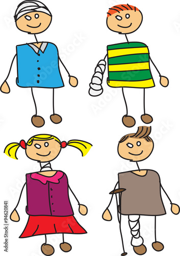 Set of vector doodle injured kids with bandages.