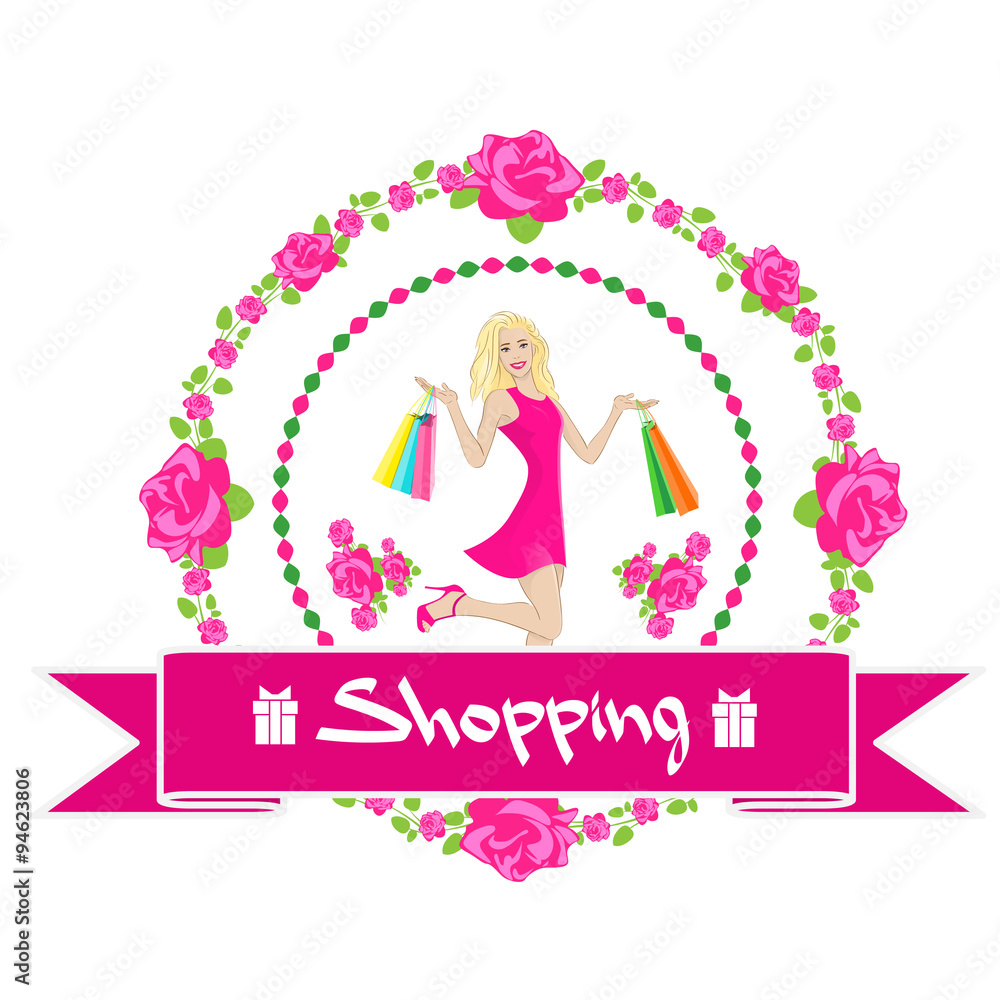 Shopping Woman With Bags Wear Pink Dress Rose Shopping Woman With Bags Wear Pink Dress Rose