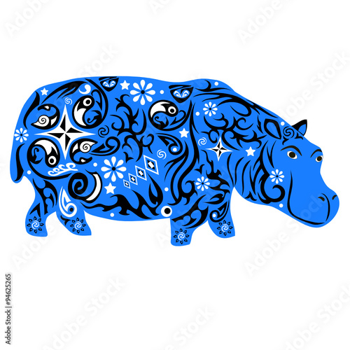 Hippopotamus an animal with a pattern from flowers and lines, to hypostalemates an exotic animal of southern latitudes, a clumsy animal with a big weight