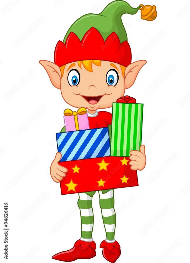 Happy green elf boy costume holding birthday gifts Happy green elf boy costume holding birthday gifts