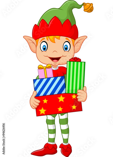 Happy green elf boy costume holding birthday gifts