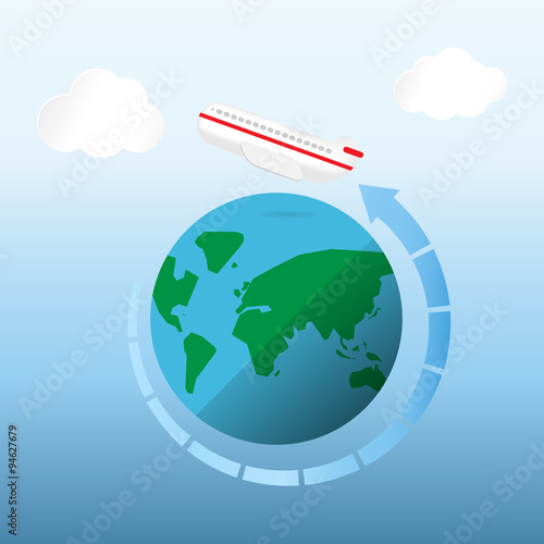 airplane flying with circle arrow around the planet  -Vector
