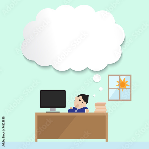man sleep in office with empty bubble for his daydream