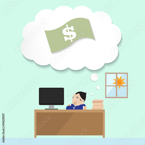 business man sleep on the desk in office with dream to money