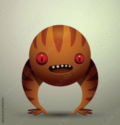 Vector virus microbe, orange. Cartoon image of the funny virus microbe striped orange color with red eyes and two paws on a gray background.