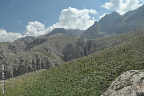 Taurus Mountains. Turkey. Steep cliffs and gorge. Snow-capped peaks.
