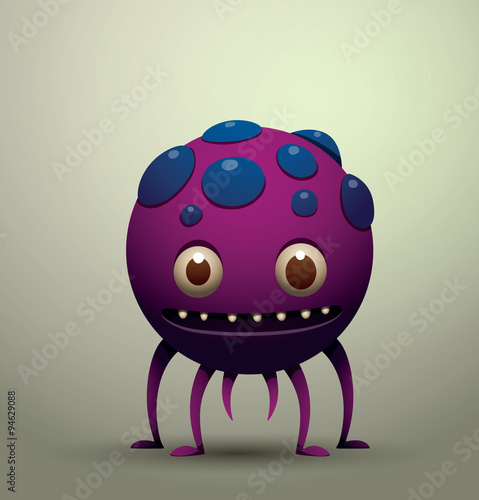Vector virus microbe, purple. Cartoon image of the funny virus microbe purple color with blue pimples, with four legs and two tails on a gray background.