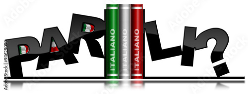 Parli Italiano - Bookends and Italian Books / Italian books and bookends in the shape of text Parli? (Do you speak?) Speak Italian concept photo