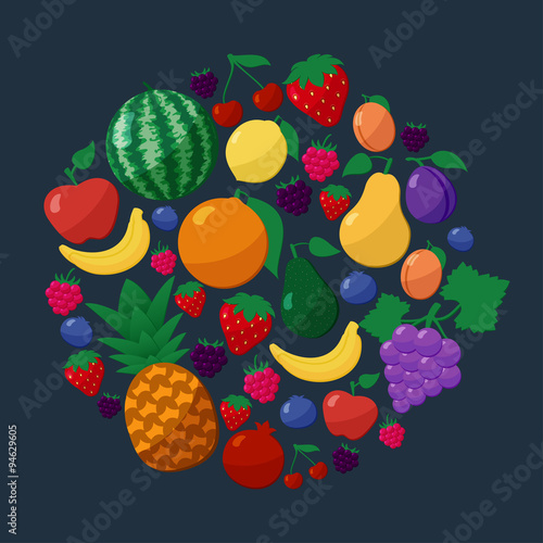 Fototapeta Naklejka Na Ścianę i Meble -  Vector Fruits and Berries Flat Style Icons Set in Circle Shape over Dark Background
