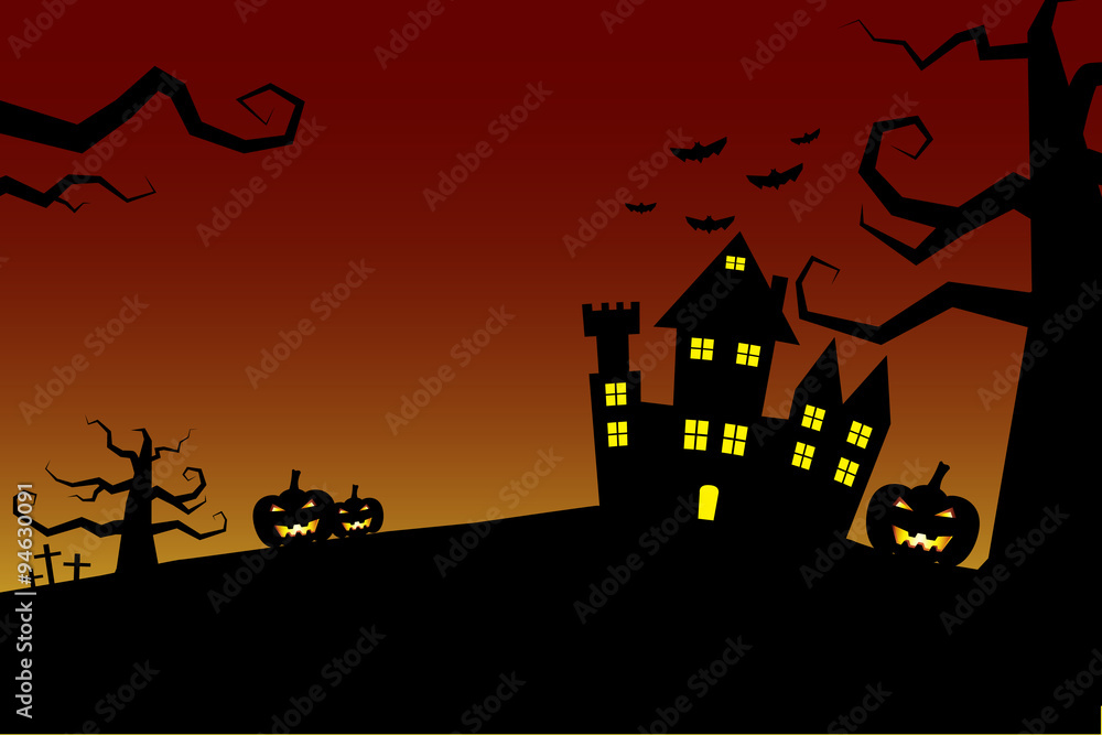 Halloween night background castle with bloody sky