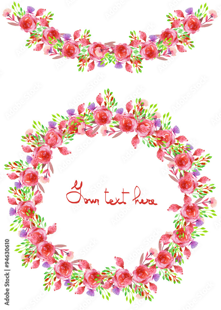 Circle frame, wreath and garland of purple and red flowers and branches with the green leaves painted in watercolor on a white background, greeting card, decoration postcard or invitation