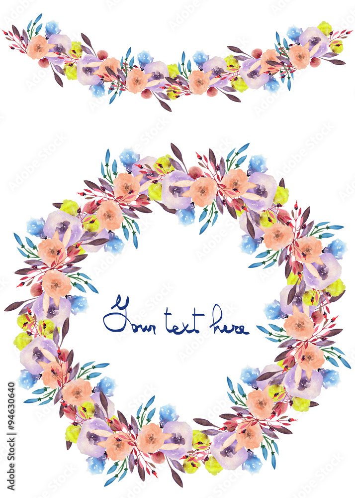 Circle frame, wreath and garland of purple, pink and yellow flowers and branches with the violet leaves painted in watercolor on a white background, greeting card, decoration postcard or invitation