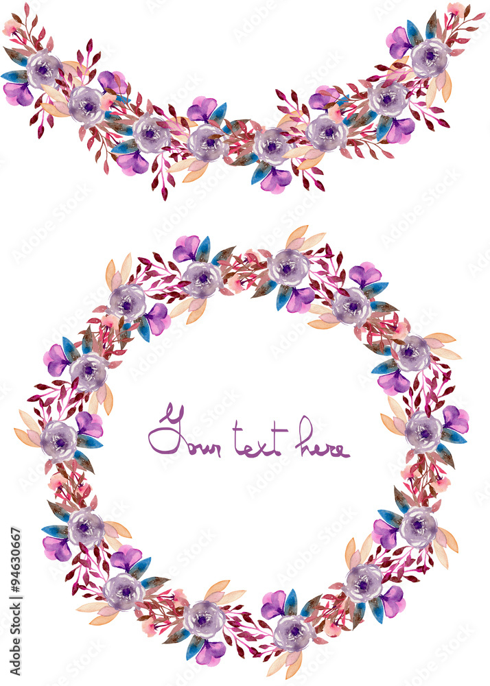 Circle frame, wreath and garland of purple flowers and branches with the violet leaves painted in watercolor on a white background, greeting card, decoration postcard or invitation