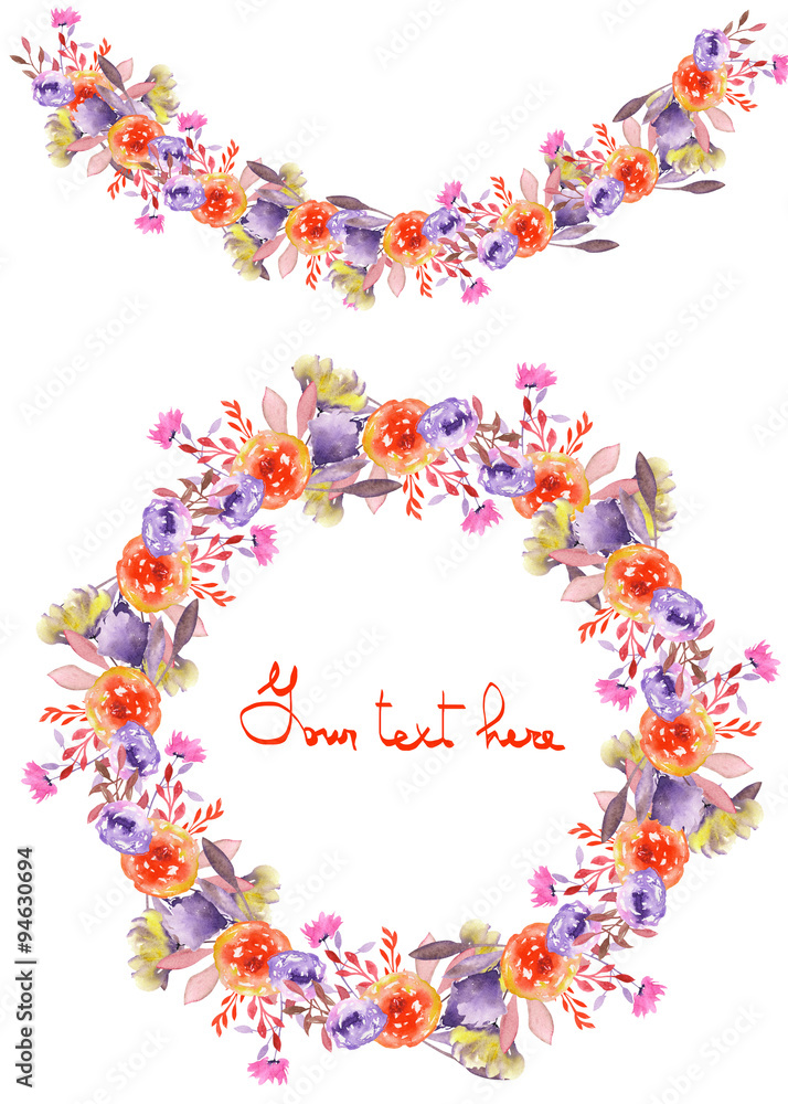 Circle frame, wreath and garland of purple and red flowers painted in watercolor on a white background, greeting card, decoration postcard or invitation