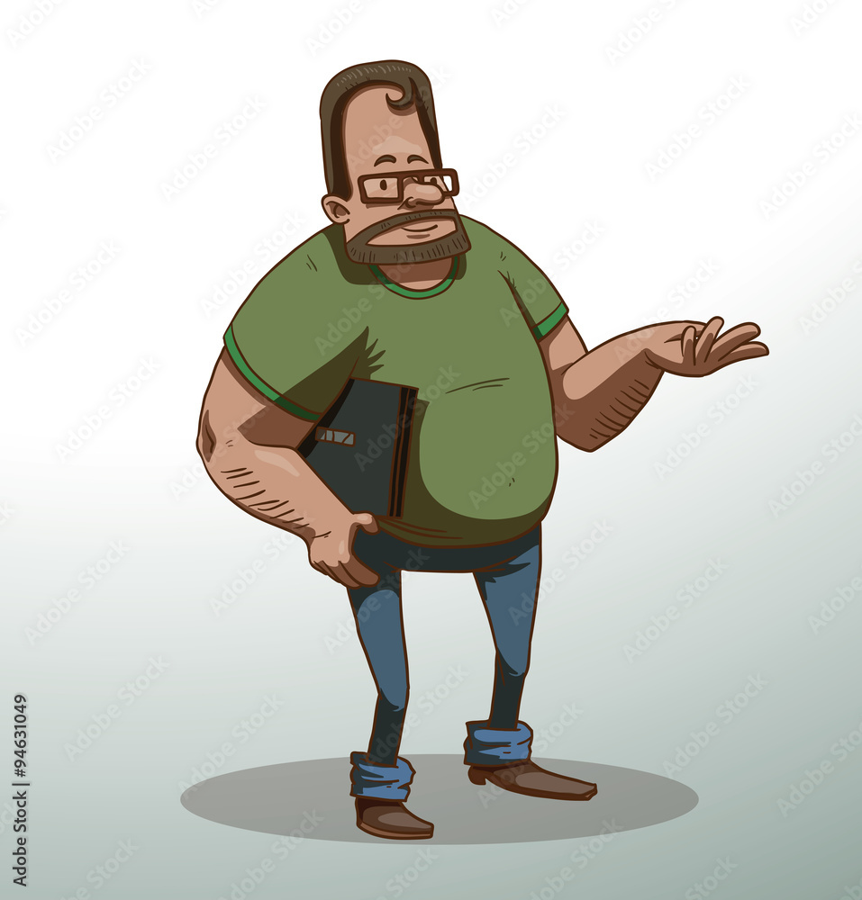 Vector cartoon image of computer geek with dark hair and beard, wearing  glasses, a green t-shirt and blue jeans with a black laptop under his arm  on a light background. Stock Vector |
