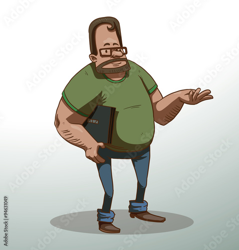 Vector cartoon image of computer geek with dark hair and beard, wearing glasses, a green t-shirt and blue jeans with a black laptop under his arm on a light background.