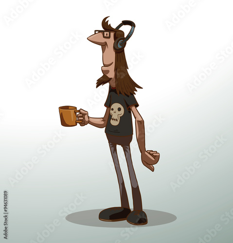 Vector cartoon image of computer geek with long dark hair and beard, in glasses, with headphones, dressed in gray trousers and a lack t-shirt with yellow mug in his hand on a light background.