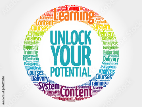 Unlock your potential circle stamp word cloud, business concept